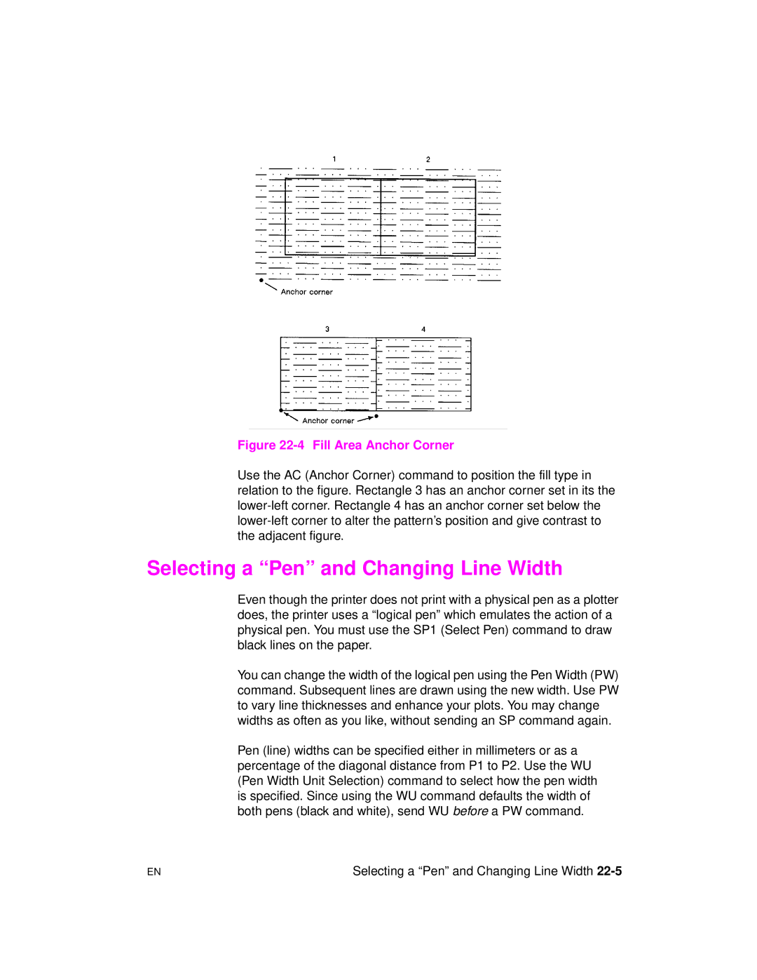 HP 5961-0509 manual Selecting a Pen and Changing Line Width, Fill Area Anchor Corner 