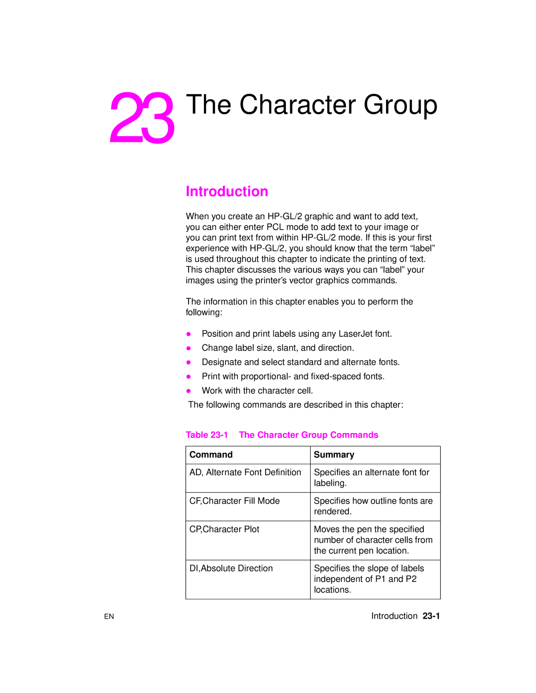 HP 5961-0509 manual Character Group Commands, Rendered, CP,Character Plot Moves the pen the specified 