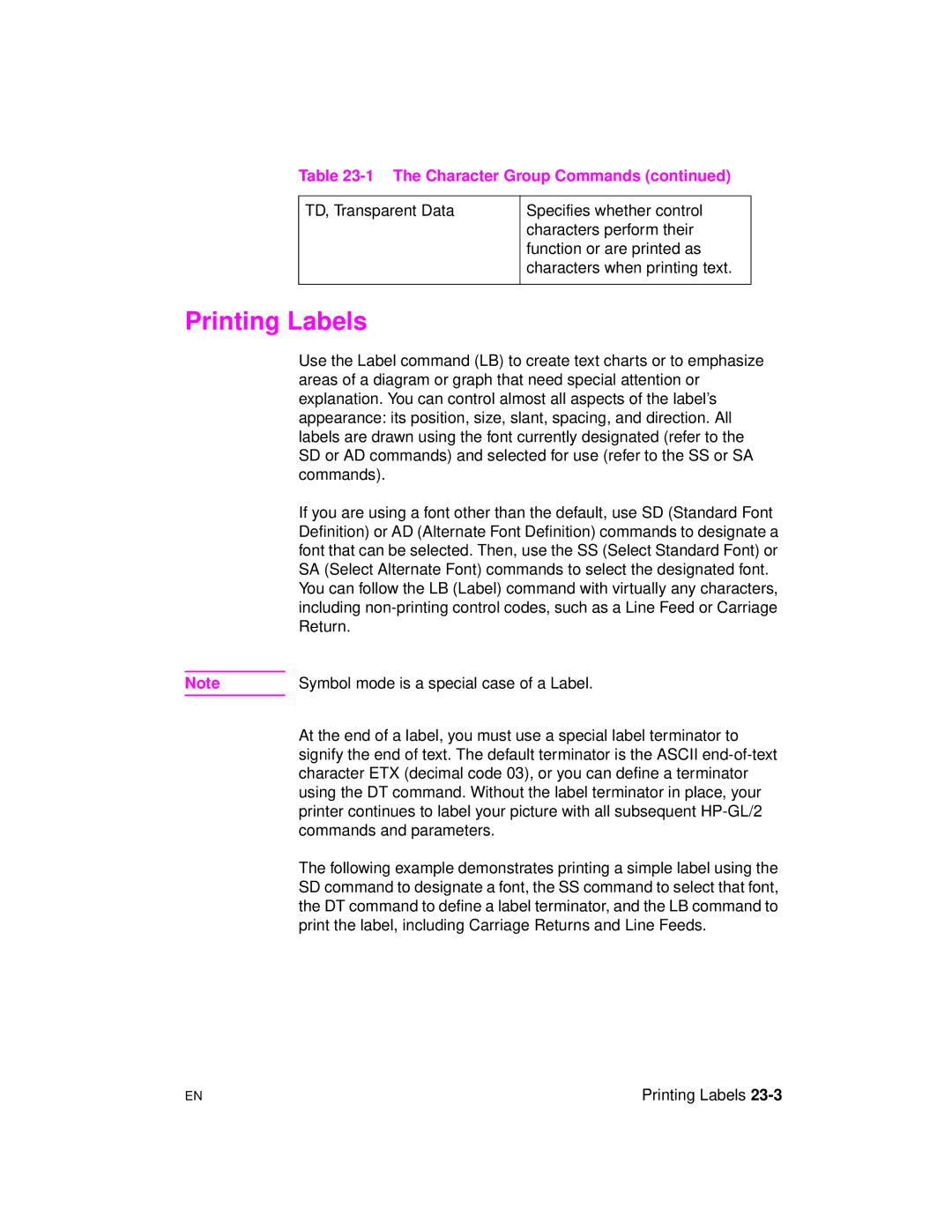 HP 5961-0509 manual Printing Labels, TD, Transparent Data 