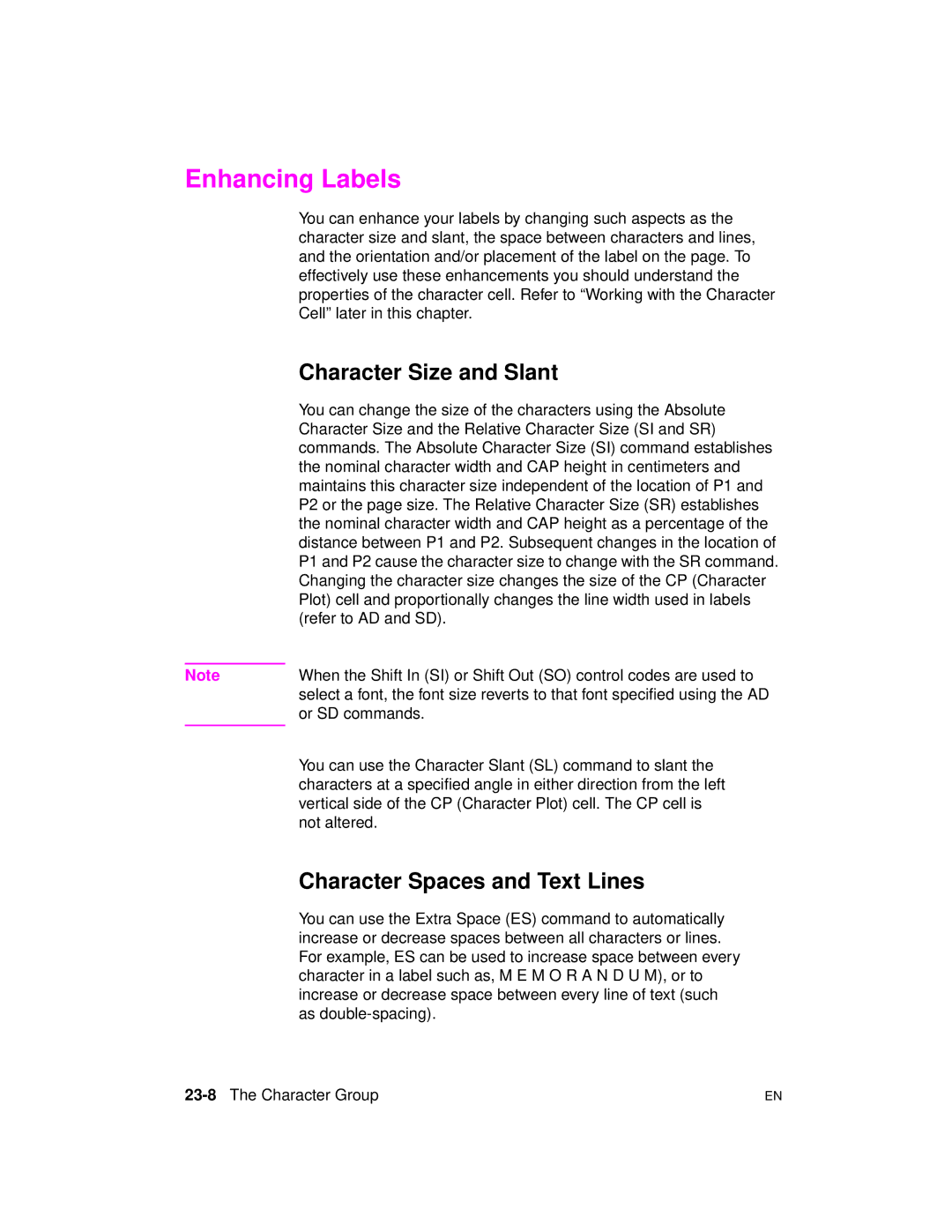 HP 5961-0509 manual Enhancing Labels, Character Size and Slant, Character Spaces and Text Lines, 23-8The Character Group 