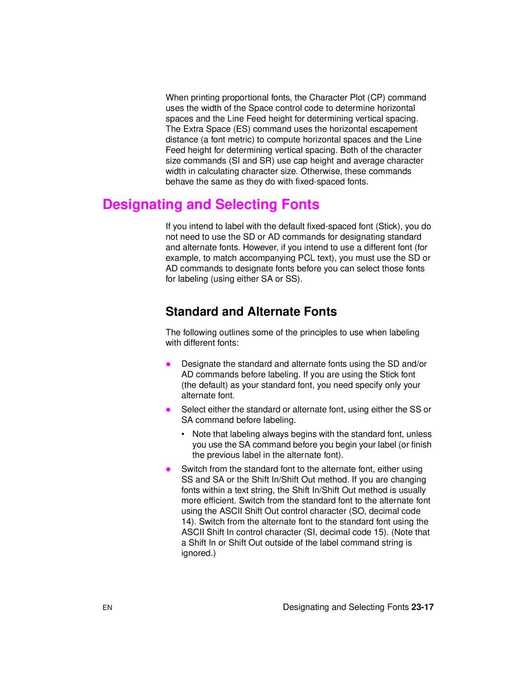 HP 5961-0509 manual Designating and Selecting Fonts, Standard and Alternate Fonts 