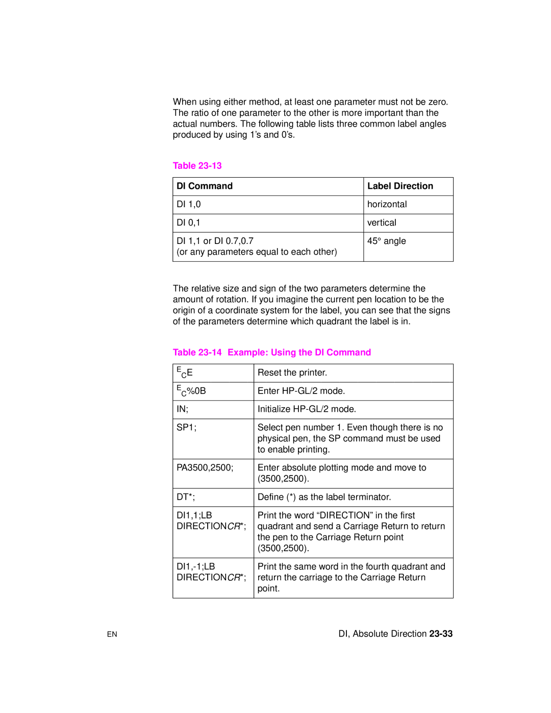 HP 5961-0509 manual DI Command Label Direction, Example Using the DI Command, Directioncr 