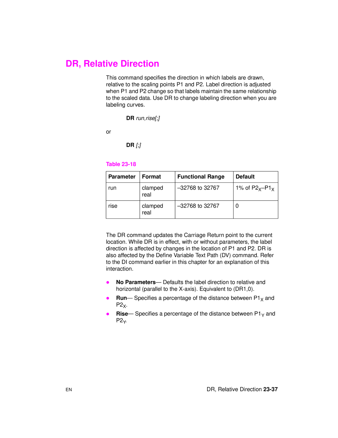 HP 5961-0509 manual DR, Relative Direction, Parameter Format Functional Range Default 