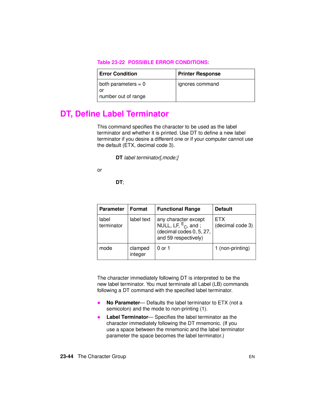 HP 5961-0509 manual DT, Define Label Terminator, Possible Error Conditions, Etx, 23-44The Character Group 