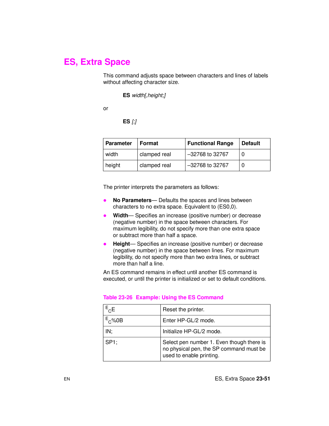 HP 5961-0509 manual ES, Extra Space, Example Using the ES Command, 0B Enter HP-GL/2 mode Initialize HP-GL/2 mode SP1 