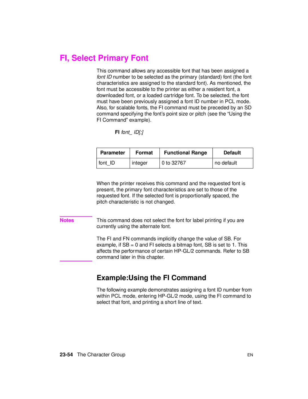 HP 5961-0509 manual FI, Select Primary Font, ExampleUsing the FI Command, 23-54The Character Group 