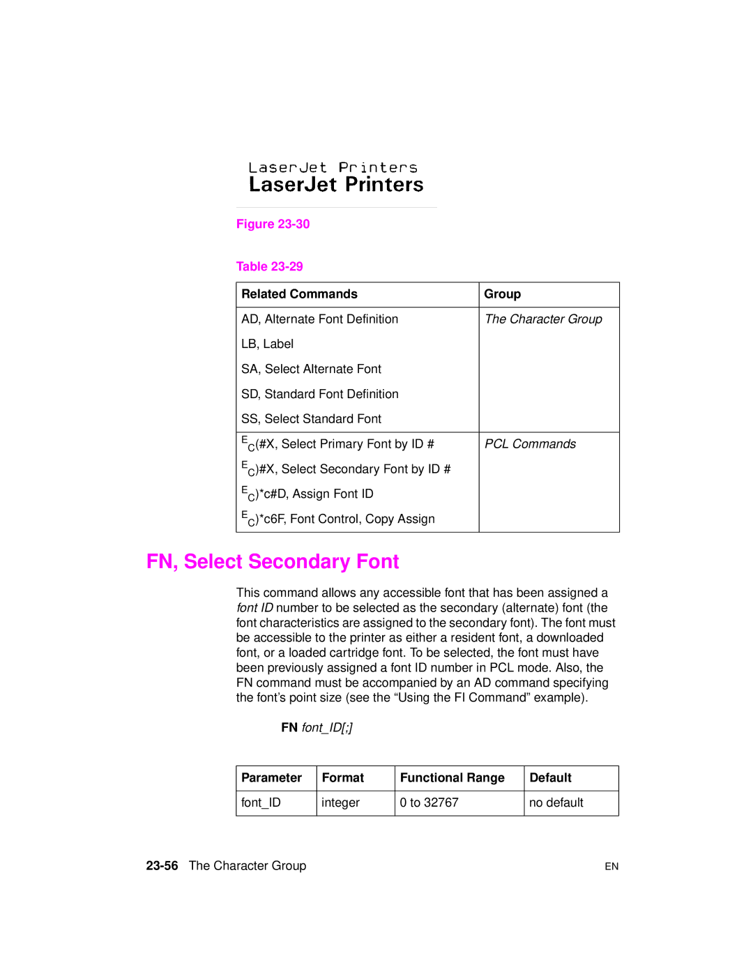 HP 5961-0509 manual FN, Select Secondary Font, AD, Alternate Font Definition 