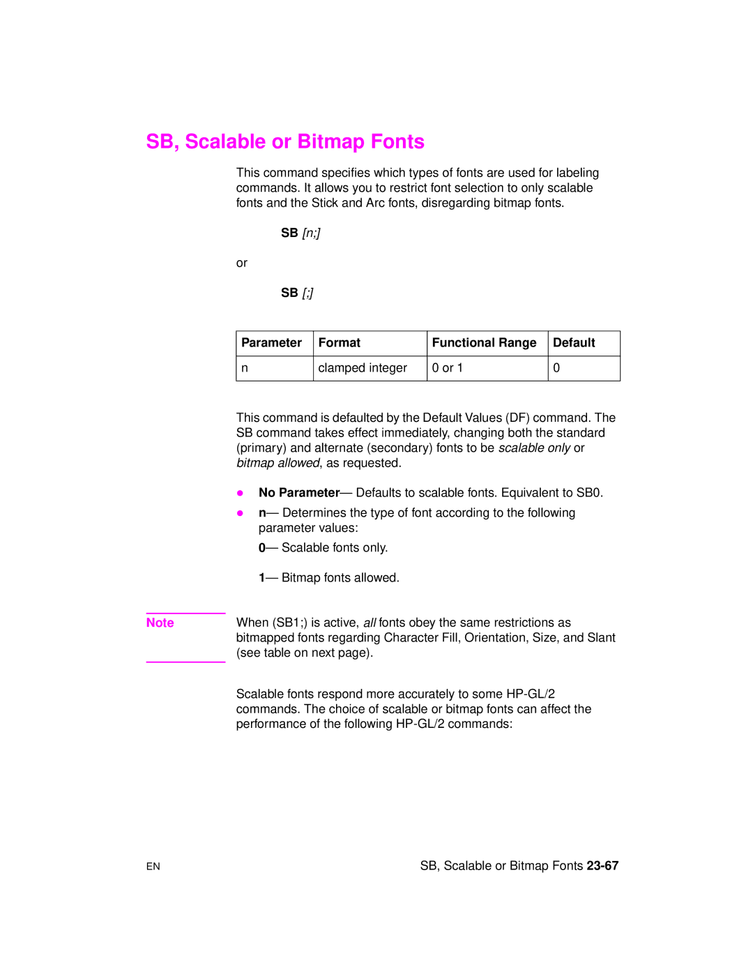 HP 5961-0509 manual SB, Scalable or Bitmap Fonts, See table on next, Scalable fonts respond more accurately to some HP-GL/2 