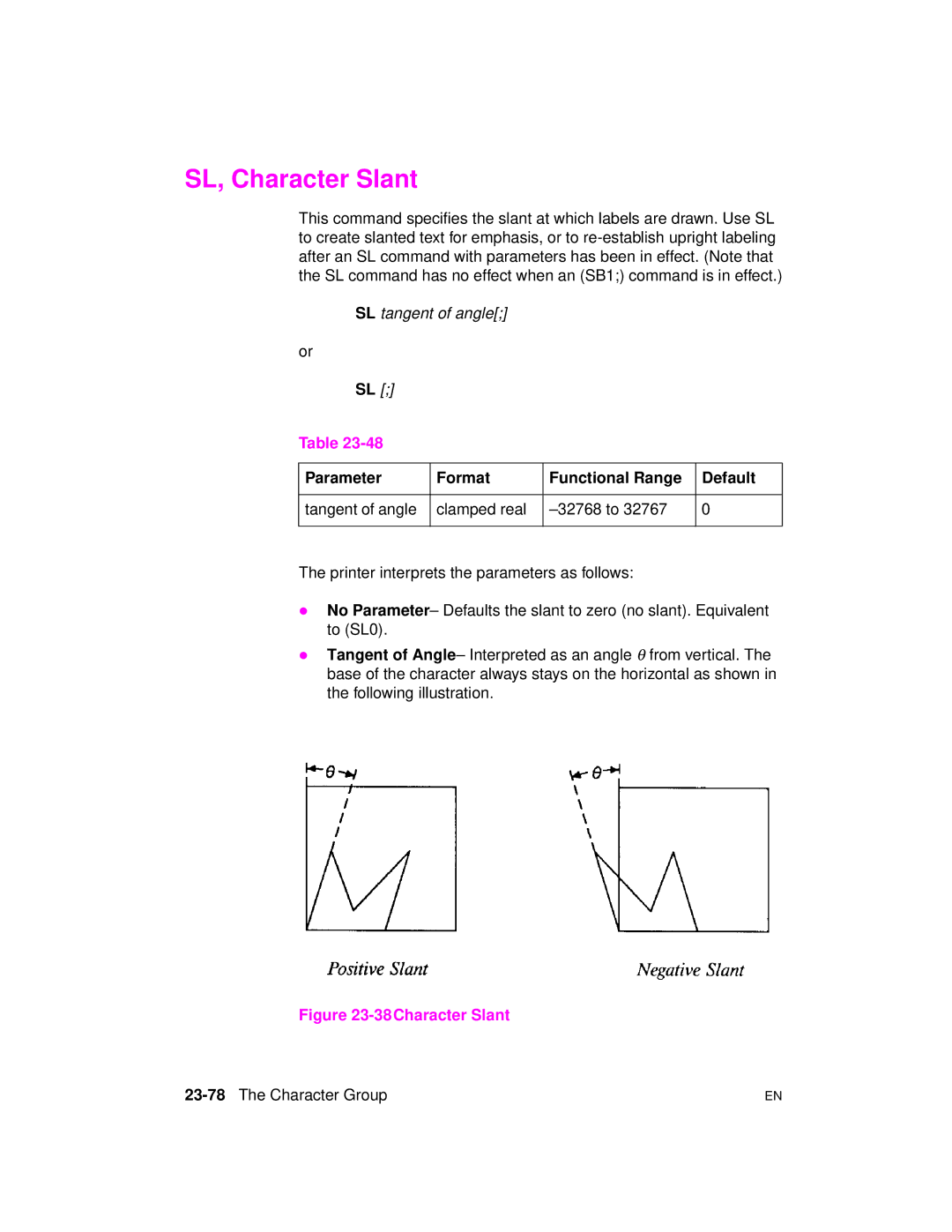 HP 5961-0509 manual SL, Character Slant, 23-78The Character Group 