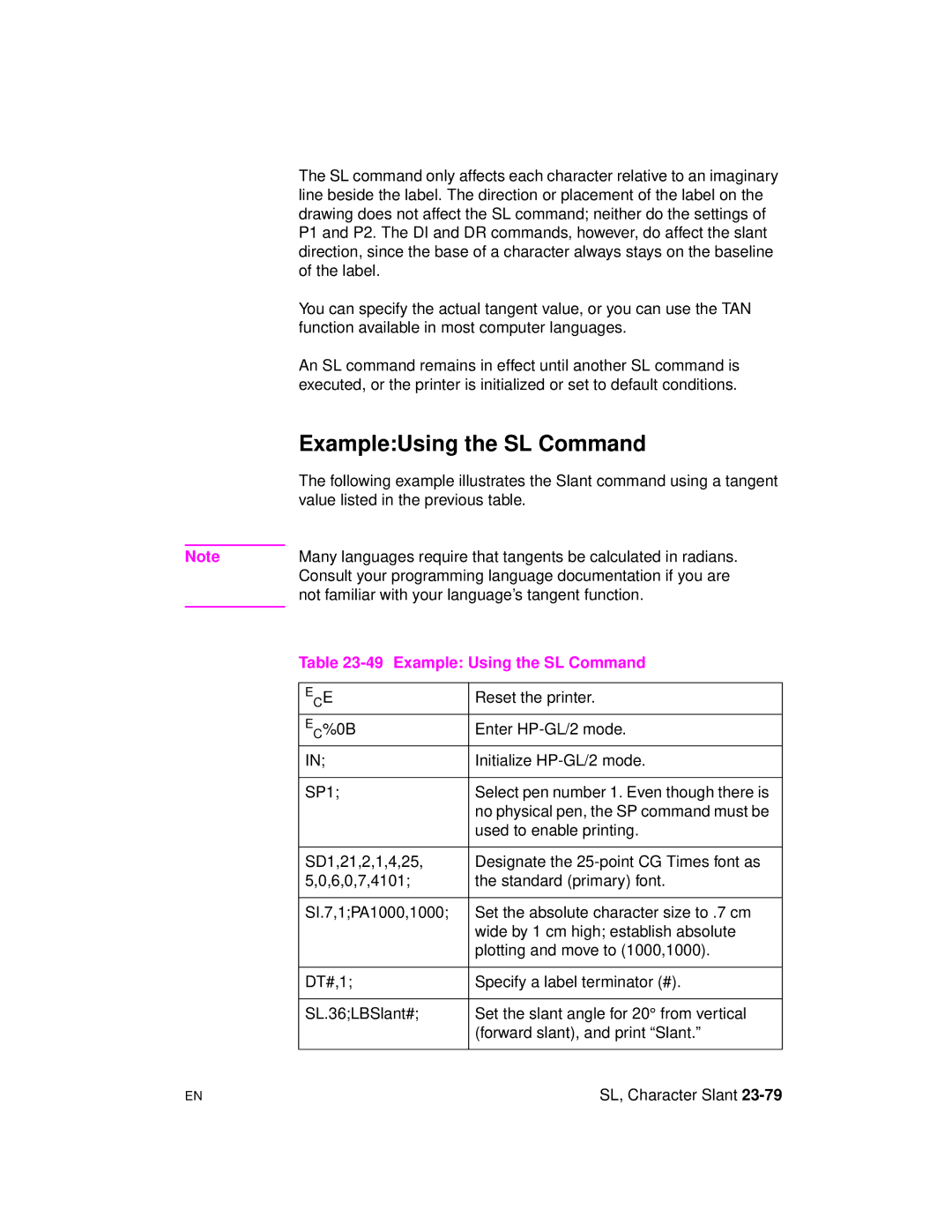 HP 5961-0509 manual ExampleUsing the SL Command, Example Using the SL Command 