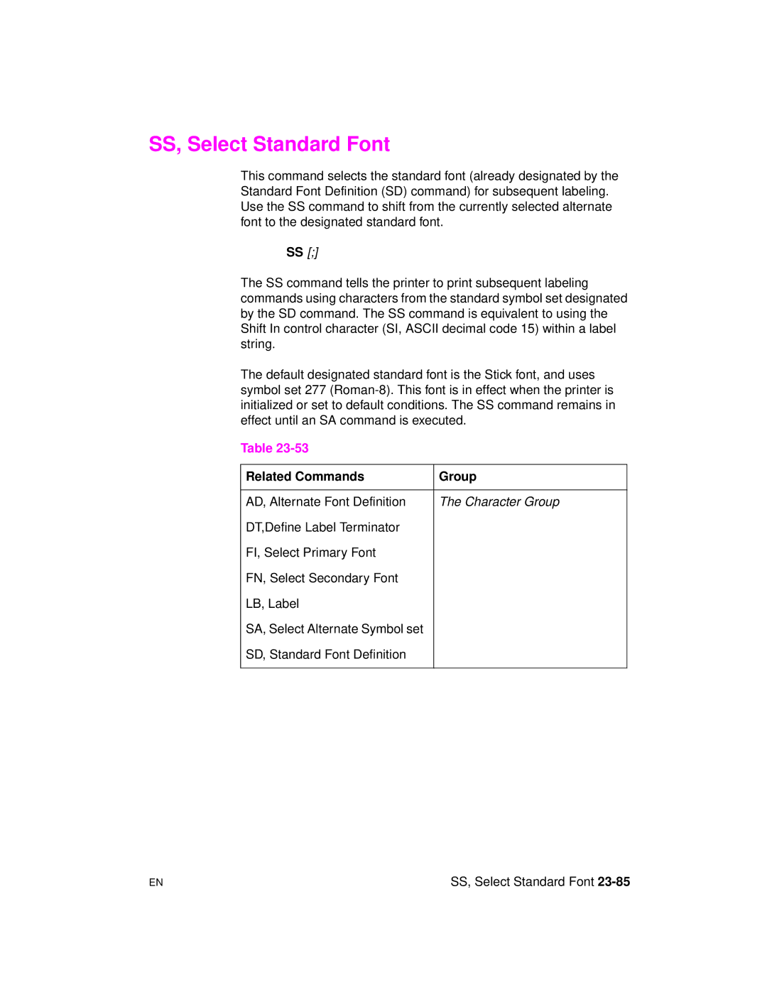 HP 5961-0509 manual SS, Select Standard Font, AD, Alternate Font Definition 