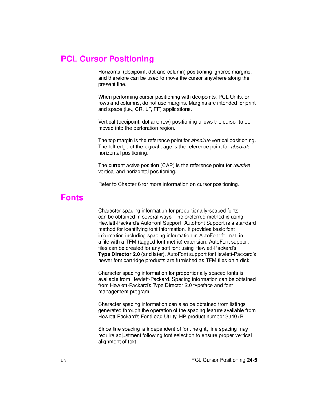 HP 5961-0509 manual PCL Cursor Positioning, Fonts 