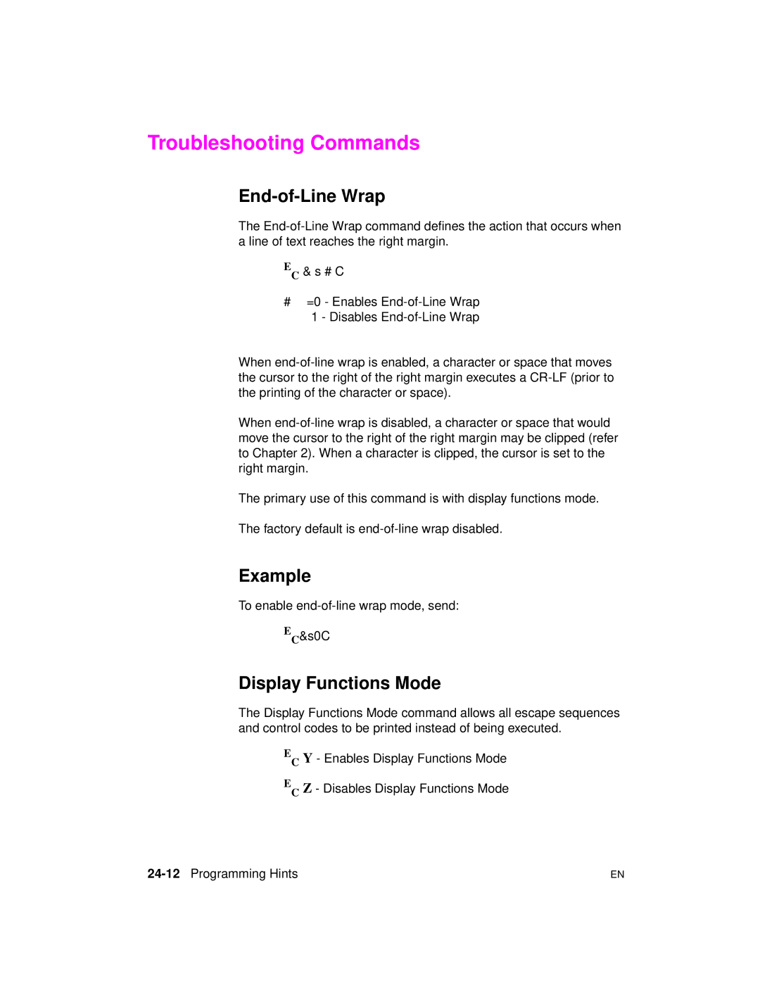 HP 5961-0509 manual Troubleshooting Commands, End-of-Line Wrap, Display Functions Mode, 24-12Programming Hints 