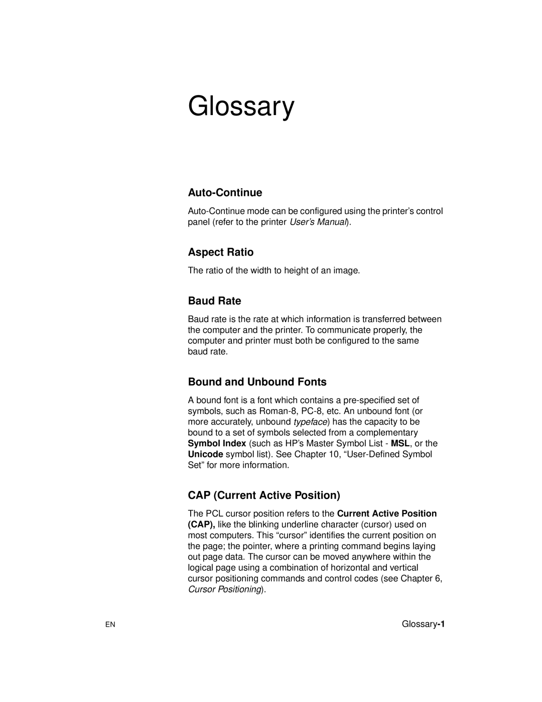 HP 5961-0509 manual Auto-Continue, Aspect Ratio, Baud Rate, Bound and Unbound Fonts, CAP Current Active Position 