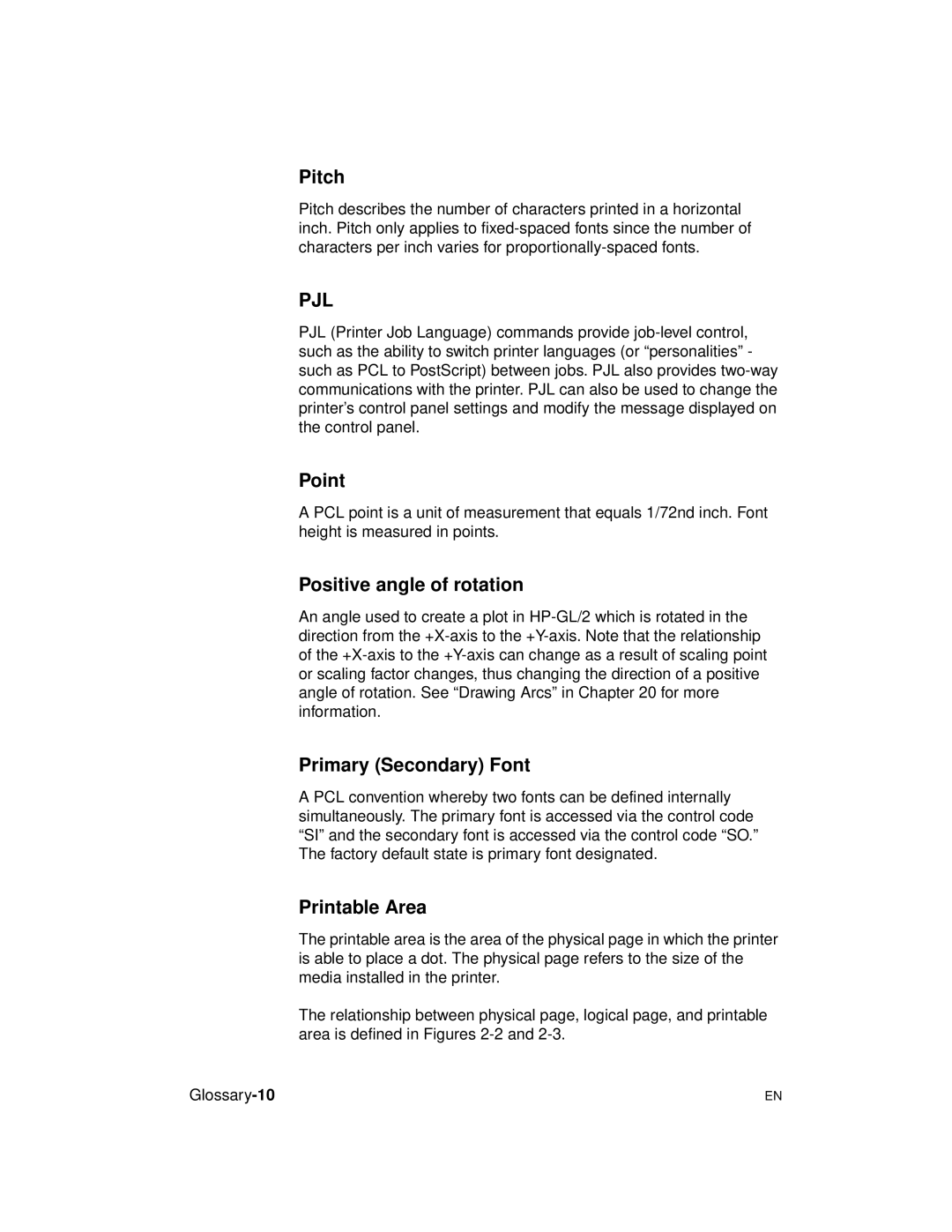 HP 5961-0509 manual Pitch, Point, Positive angle of rotation, Primary Secondary Font, Printable Area 