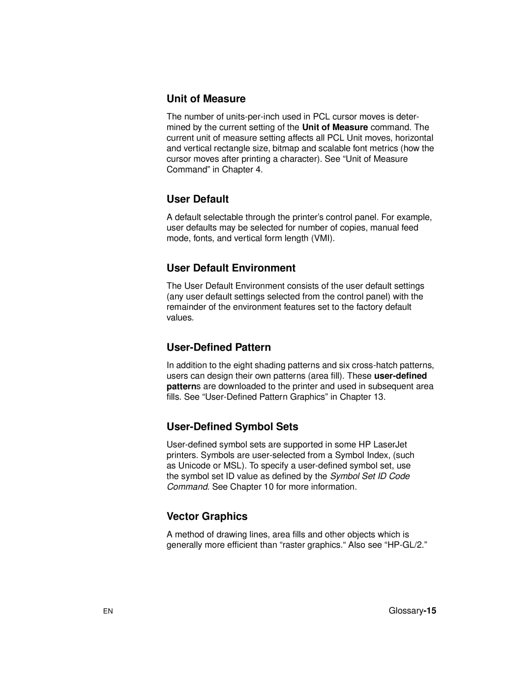 HP 5961-0509 manual Unit of Measure, User Default Environment, User-Defined Pattern, User-Defined Symbol Sets 