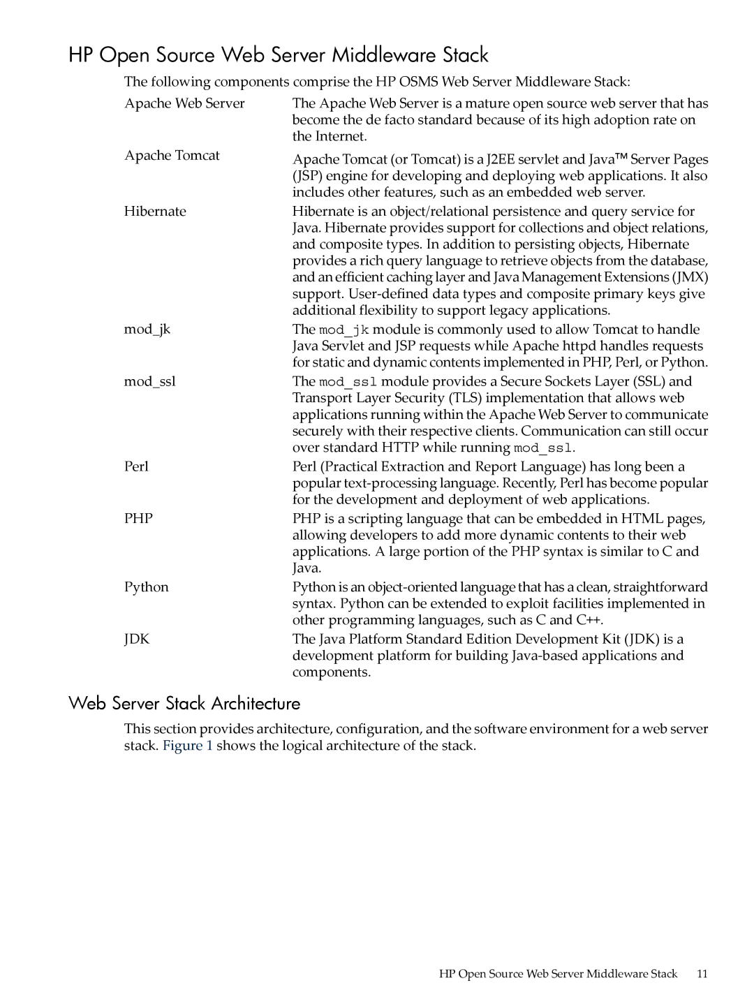 HP 5991-5565 manual HP Open Source Web Server Middleware Stack, Web Server Stack Architecture 