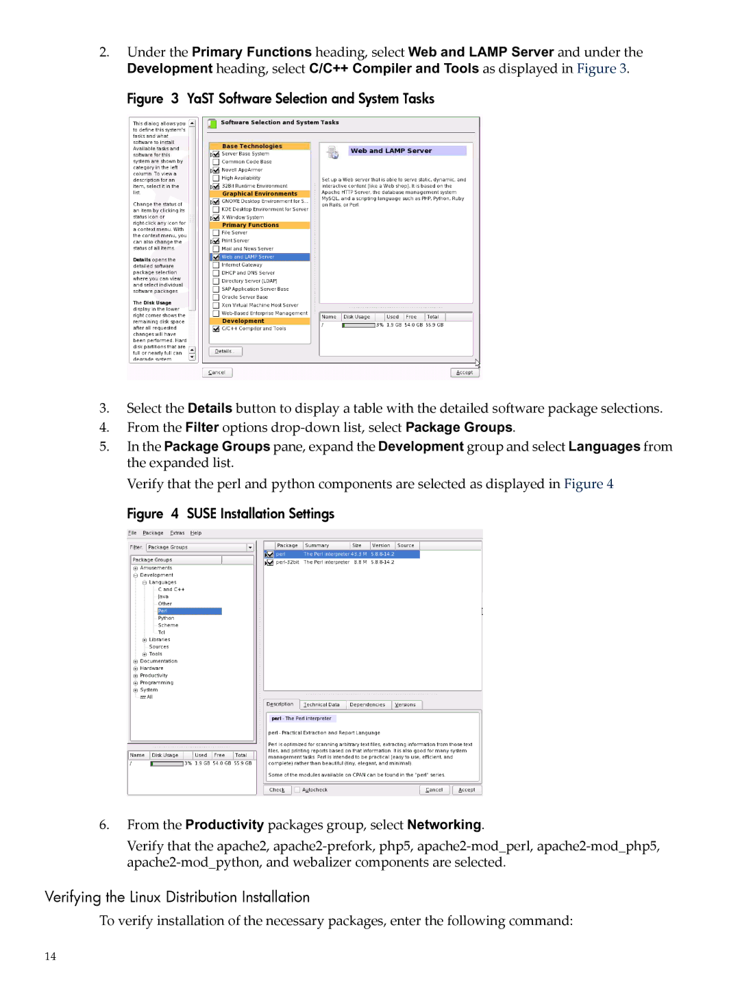 HP 5991-5565 manual Verifying the Linux Distribution Installation, YaST Software Selection and System Tasks 