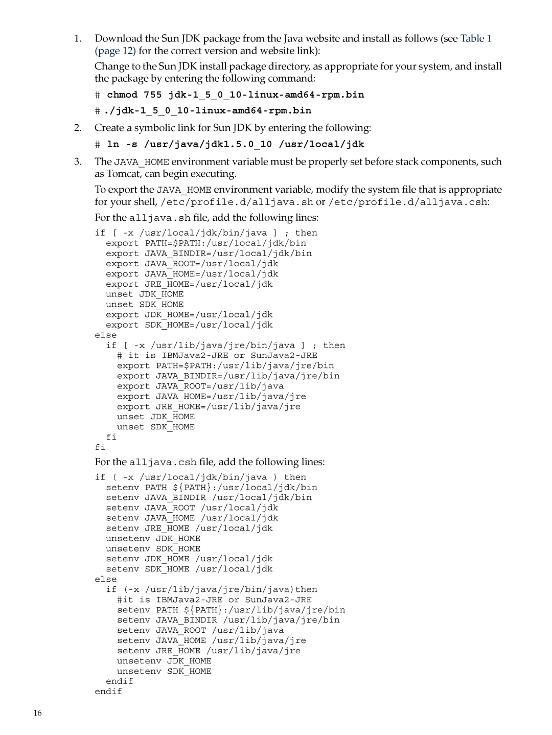 HP 5991-5565 manual # ln -s /usr/java/jdk1.5.010 /usr/local/jdk, For the alljava.sh file, add the following lines 