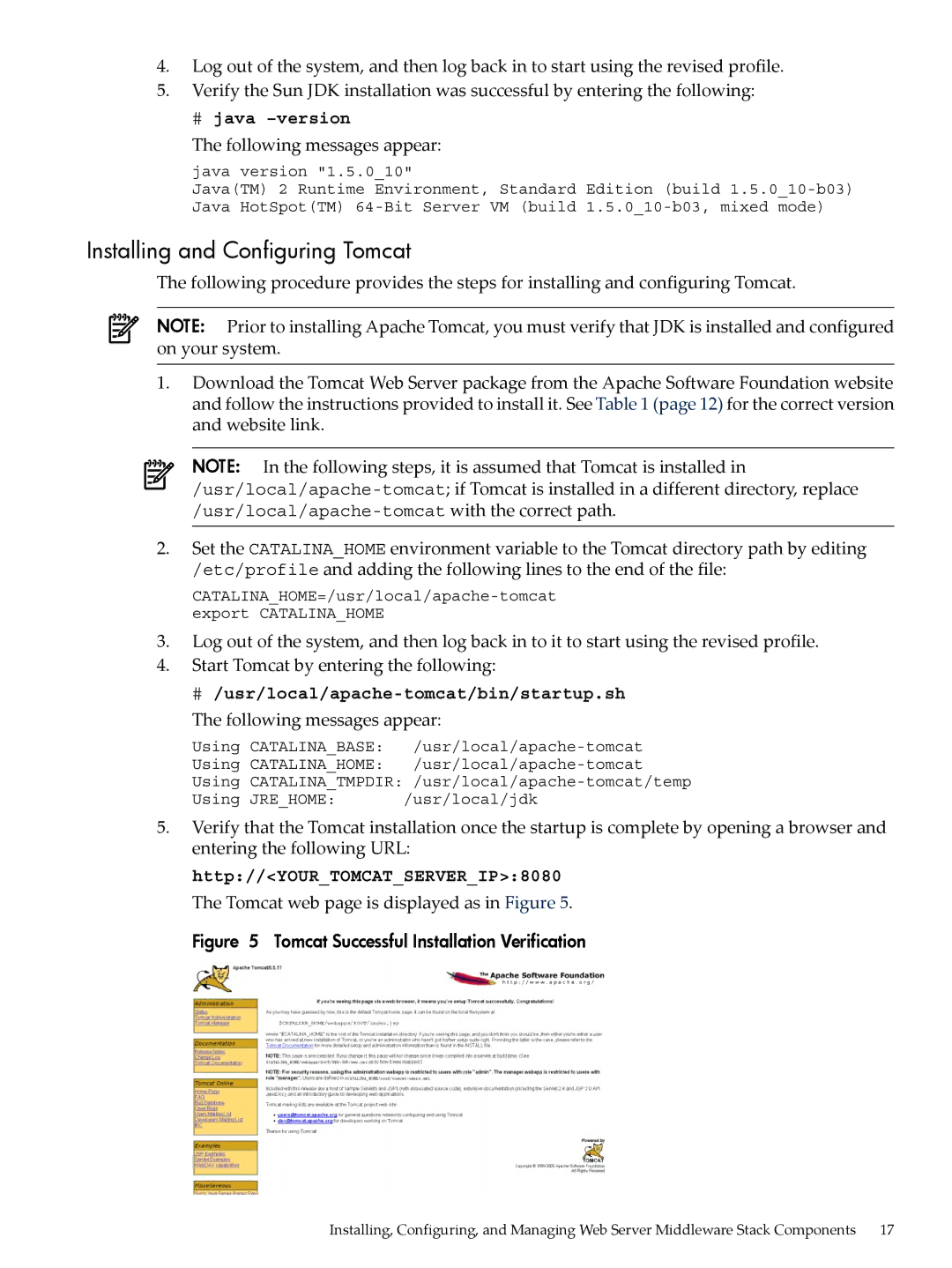 HP 5991-5565 manual Installing and Configuring Tomcat, # java -version, Following messages appear 