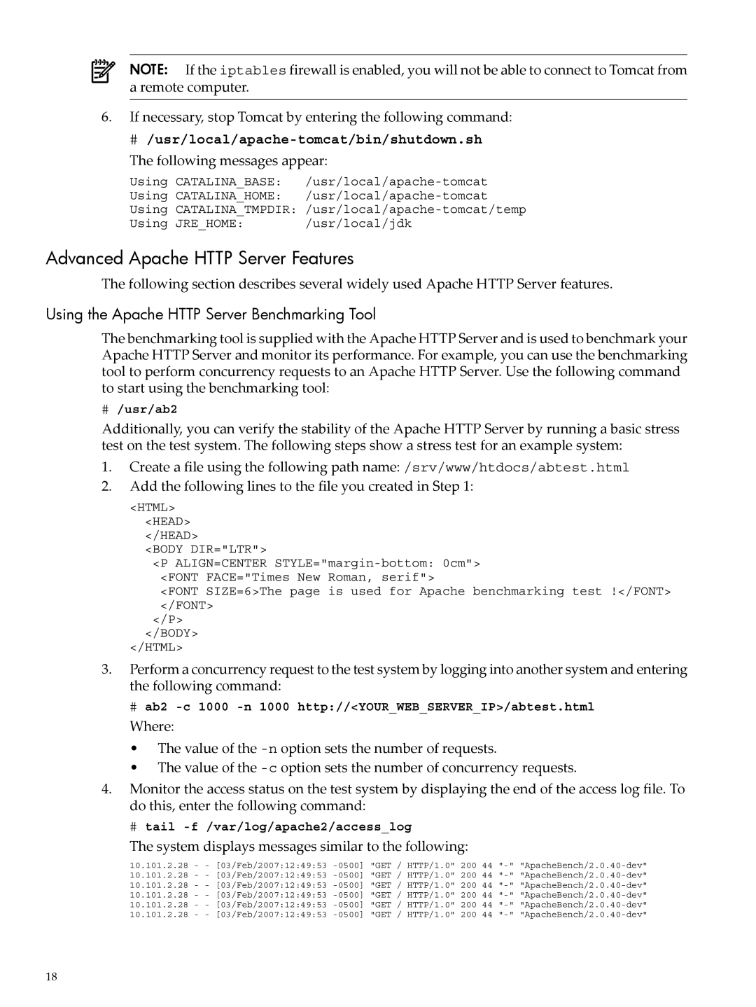 HP 5991-5565 manual Advanced Apache Http Server Features, Using the Apache Http Server Benchmarking Tool 