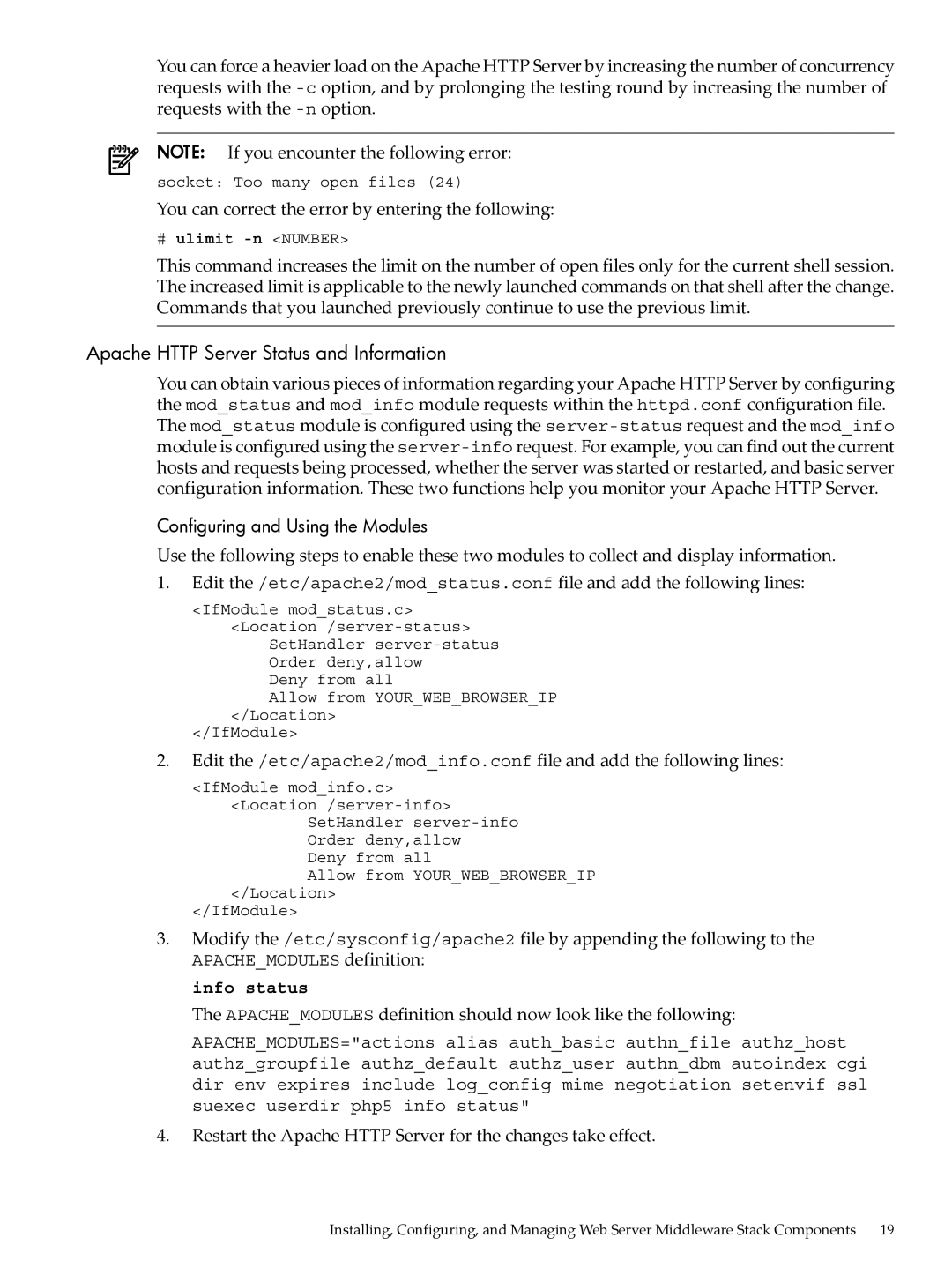 HP 5991-5565 manual Apache Http Server Status and Information, You can correct the error by entering the following 