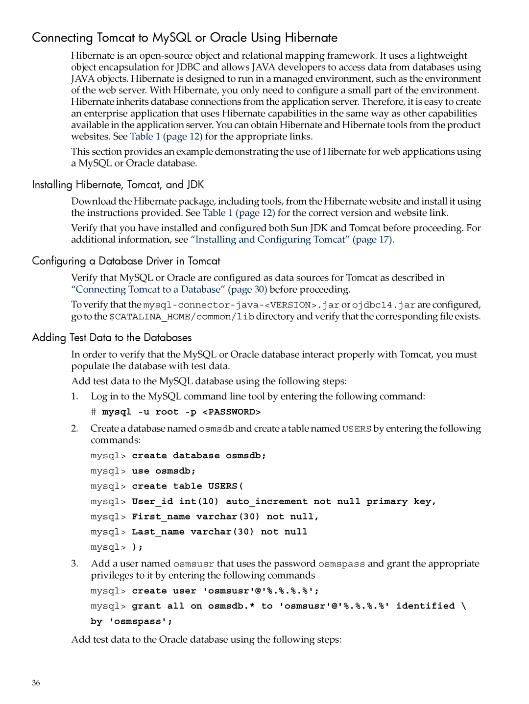 HP 5991-5565 manual Connecting Tomcat to MySQL or Oracle Using Hibernate, Installing Hibernate, Tomcat, and JDK 