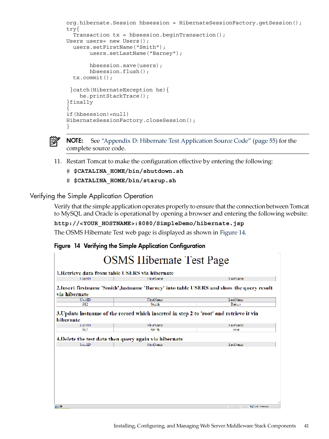 HP 5991-5565 manual Verifying the Simple Application Operation, Http//YOURHOSTNAME8080/SimpleDemo/hibernate.jsp 