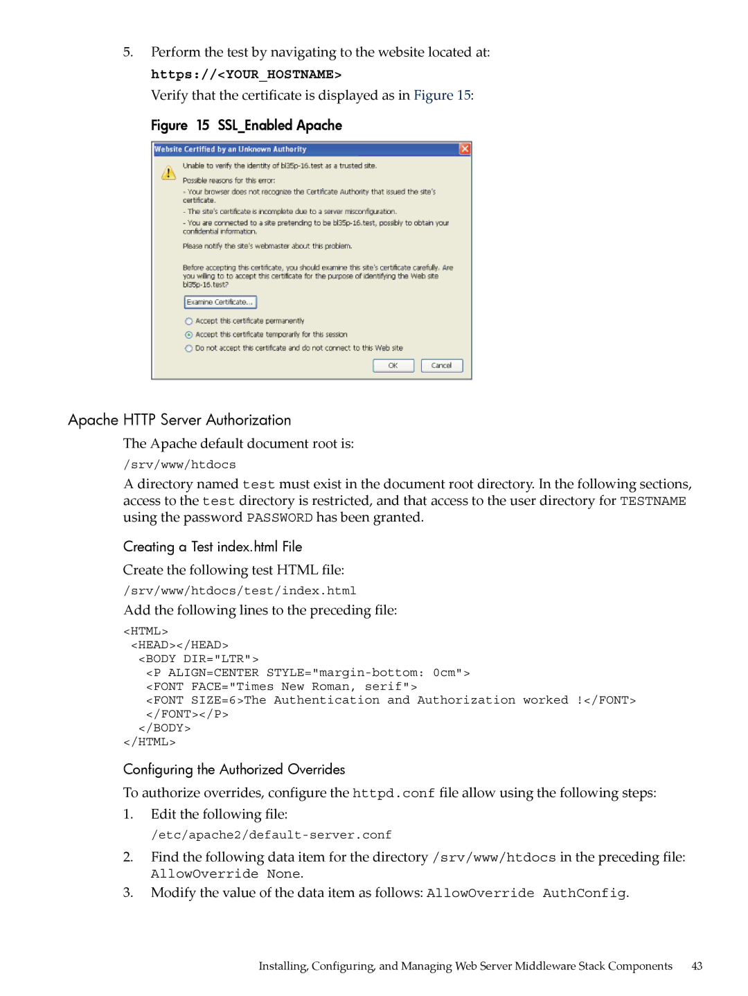 HP 5991-5565 manual Apache Http Server Authorization, Verify that the certificate is displayed as in Figure 