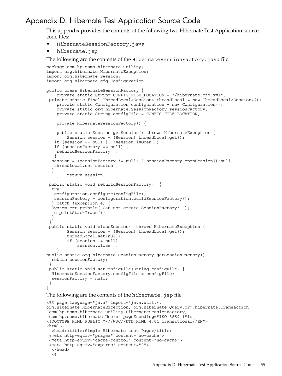 HP 5991-5565 manual Appendix D Hibernate Test Application Source Code, Following are the contents of the hibernate.jsp file 