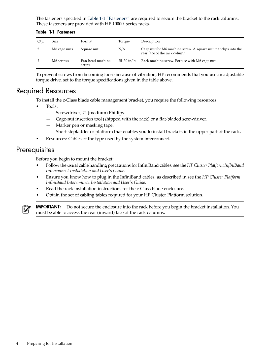 HP 5991-6764 manual Required Resources, Prerequisites, Fasteners 