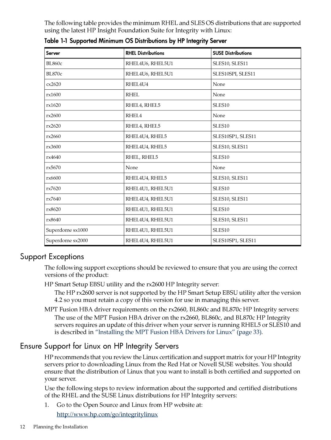 HP 5992-3193 manual Support Exceptions, Ensure Support for Linux on HP Integrity Servers 