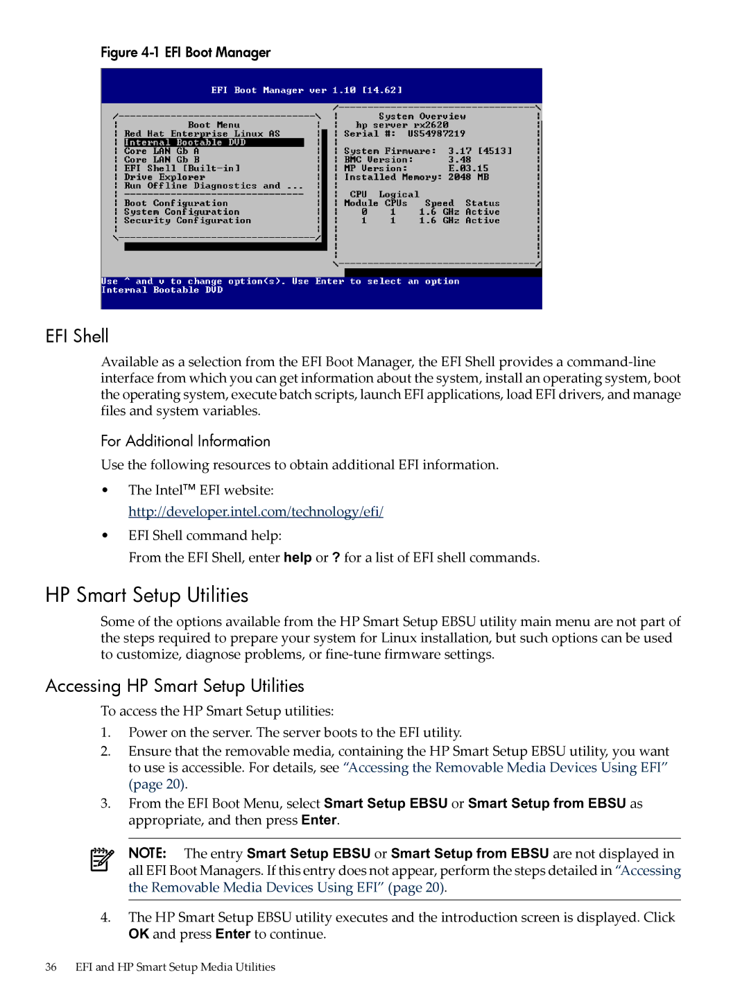 HP 5992-3193 manual EFI Shell, Accessing HP Smart Setup Utilities 