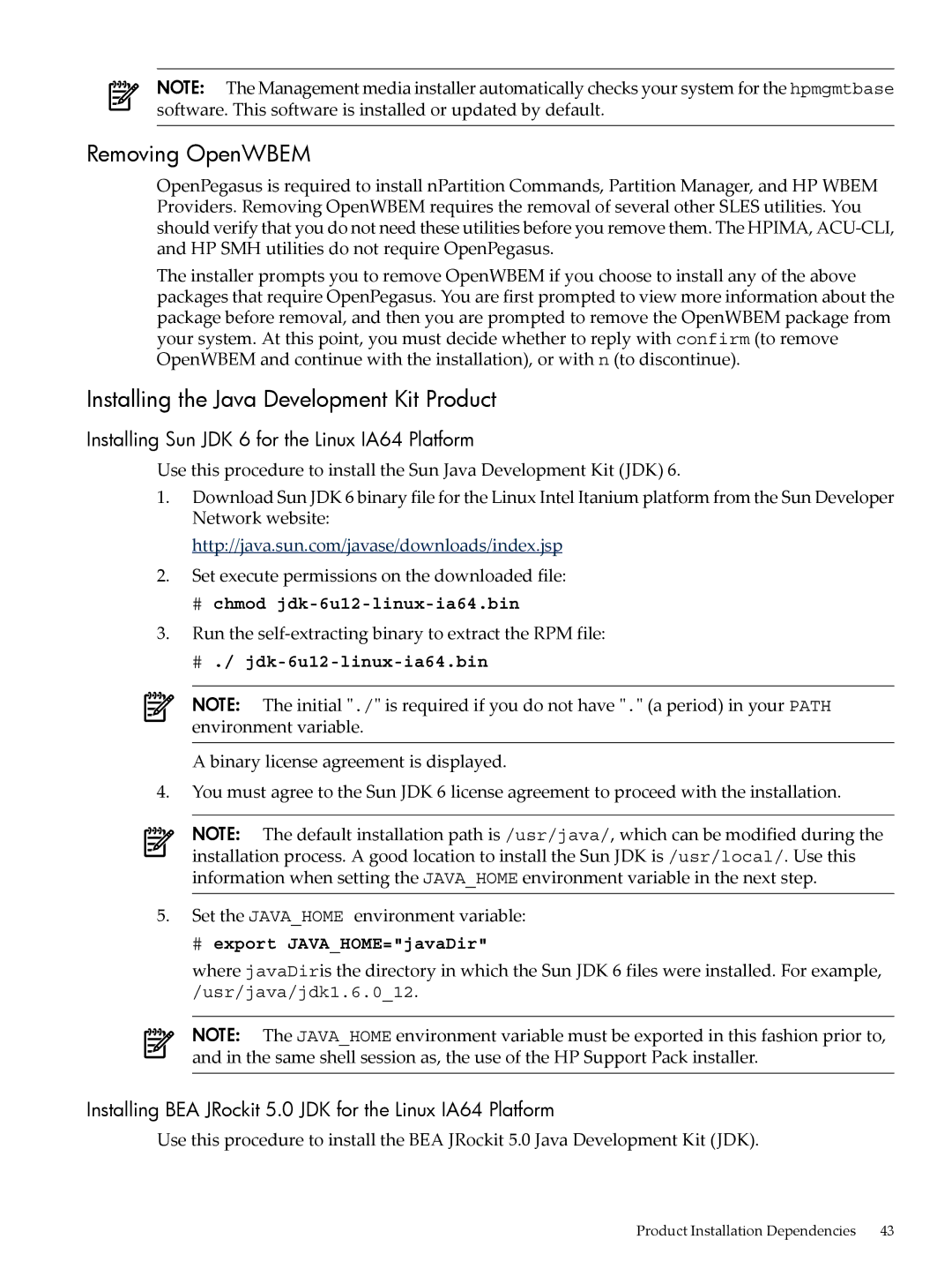 HP 5992-3193 manual Removing OpenWBEM, Installing the Java Development Kit Product, # chmod jdk-6u12-linux-ia64.bin 