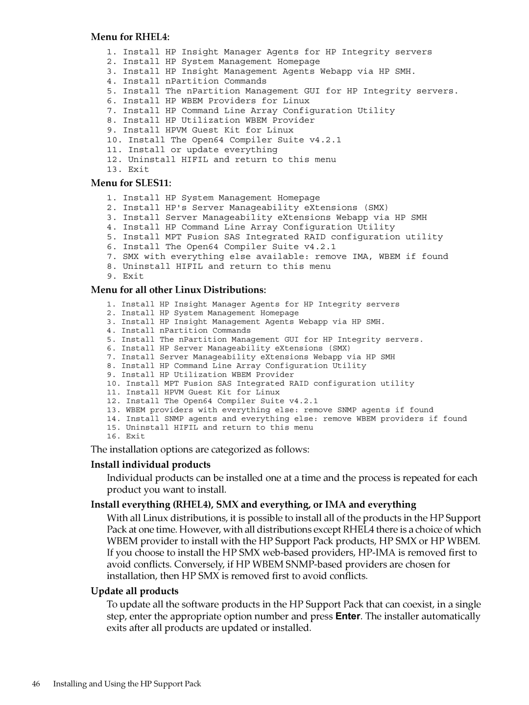 HP 5992-3193 manual Menu for RHEL4 