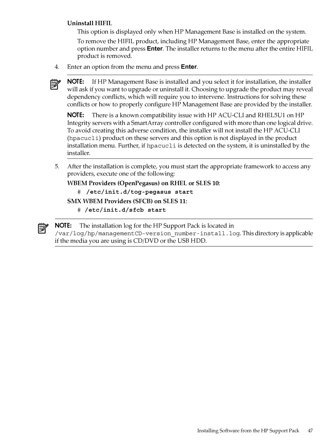 HP 5992-3193 manual # /etc/init.d/tog-pegasus start, # /etc/init.d/sfcb start 