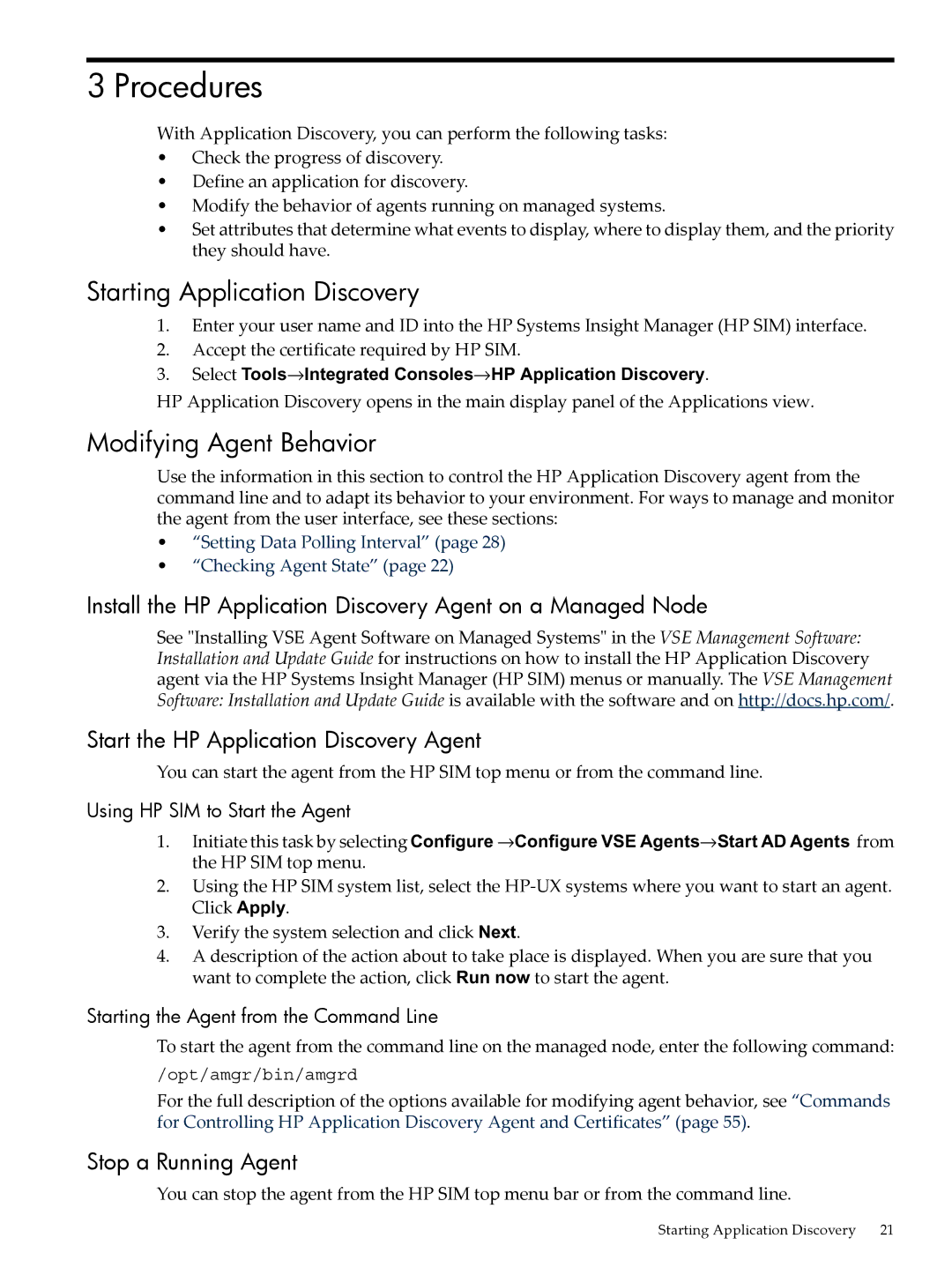 HP 5992-3838 manual Procedures, Starting Application Discovery, Modifying Agent Behavior, Stop a Running Agent 