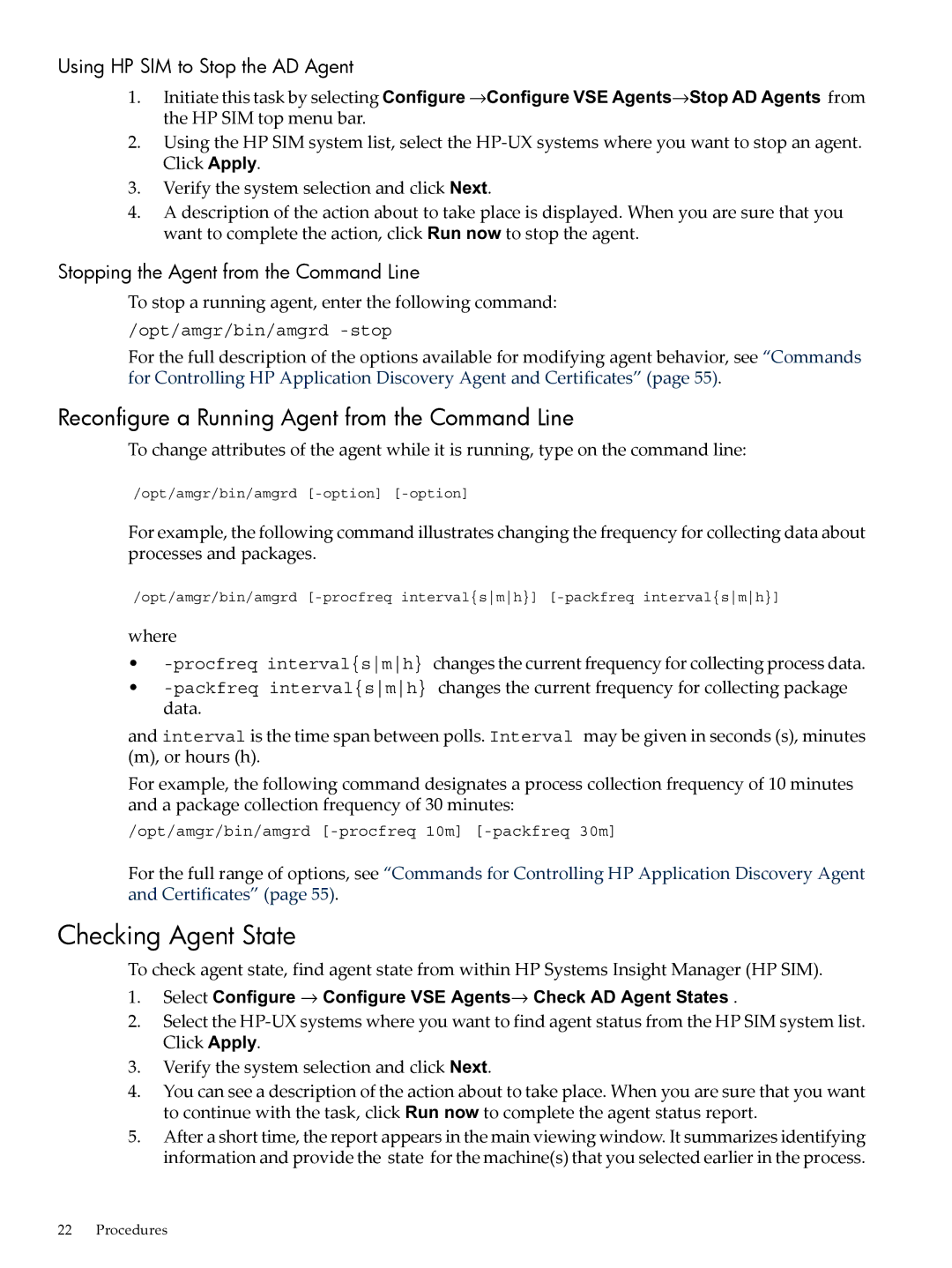 HP 5992-3838 Checking Agent State, Reconfigure a Running Agent from the Command Line, Using HP SIM to Stop the AD Agent 