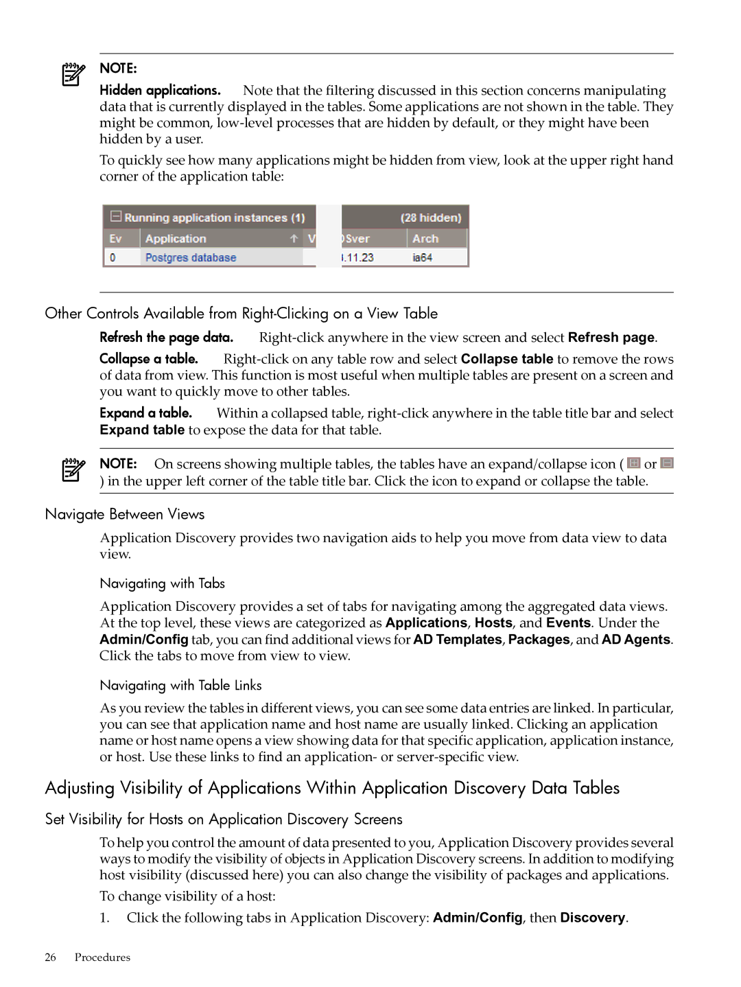 HP 5992-3838 manual Navigate Between Views, Set Visibility for Hosts on Application Discovery Screens 