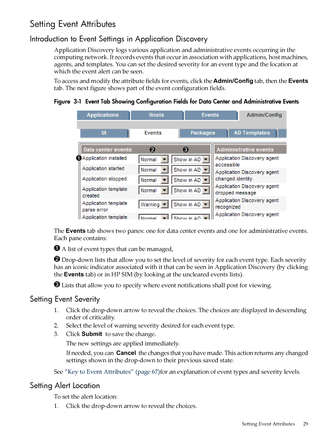 HP 5992-3838 Setting Event Attributes, Introduction to Event Settings in Application Discovery, Setting Event Severity 