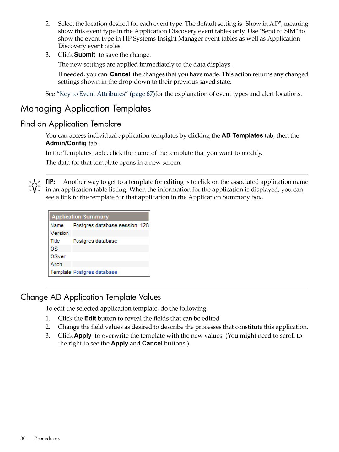 HP 5992-3838 manual Managing Application Templates, Find an Application Template, Change AD Application Template Values 