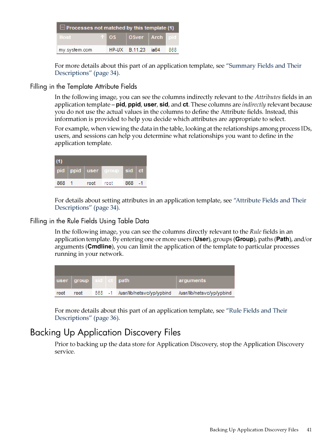 HP 5992-3838 manual Backing Up Application Discovery Files, Filling in the Template Attribute Fields 