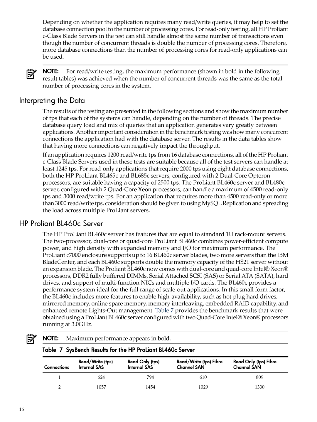 HP 5992-4755 manual Interpreting the Data, HP Proliant BL460c Server, SysBench Results for the HP ProLiant BL460c Server 