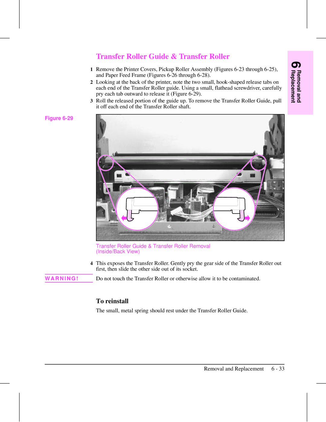 HP 5L (C3941A) manual Transfer Roller Guide & Transfer Roller 