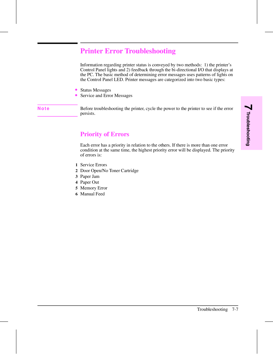 HP 5L (C3941A) manual Printer Error Troubleshooting, Priority of Errors 