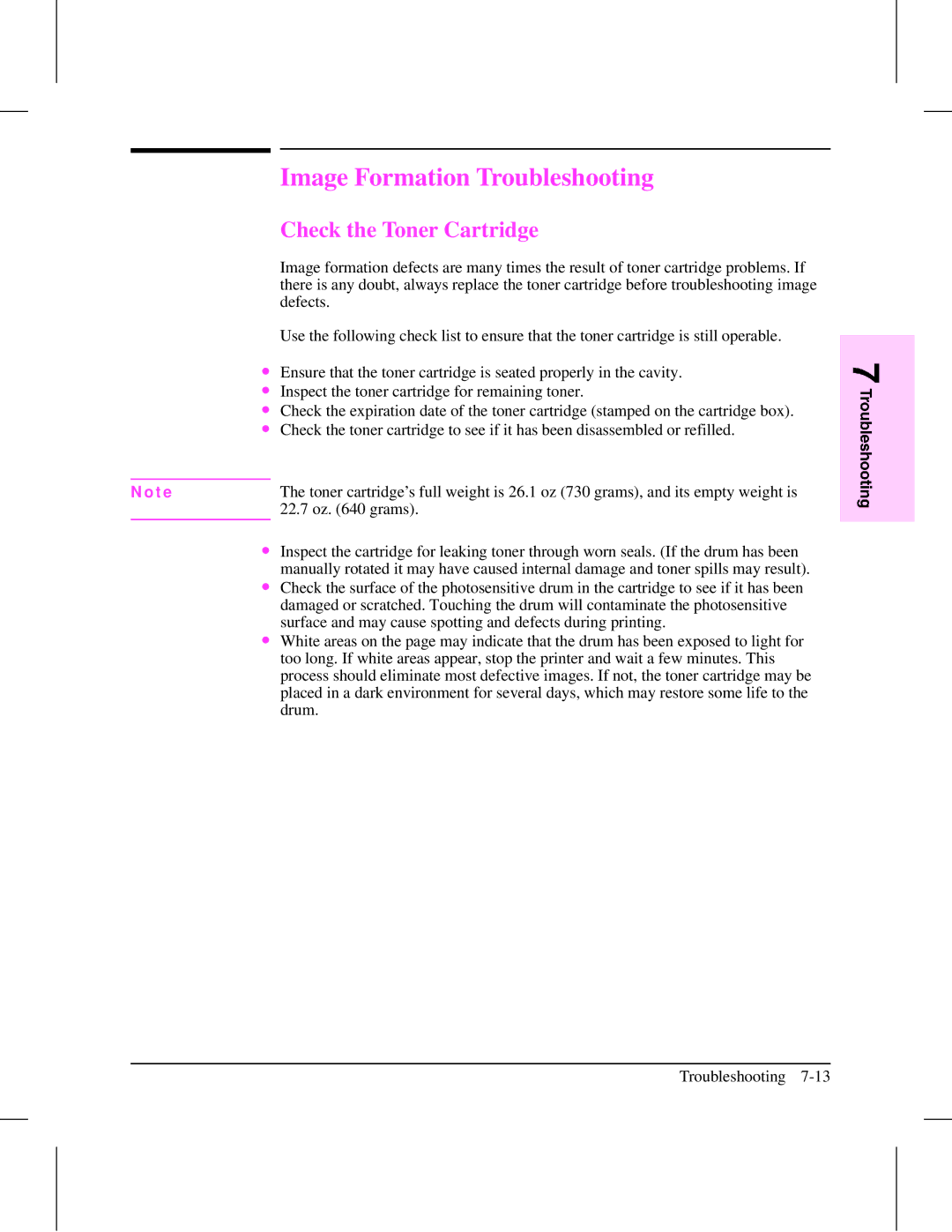 HP 5L (C3941A) manual Image Formation Troubleshooting, Check the Toner Cartridge 