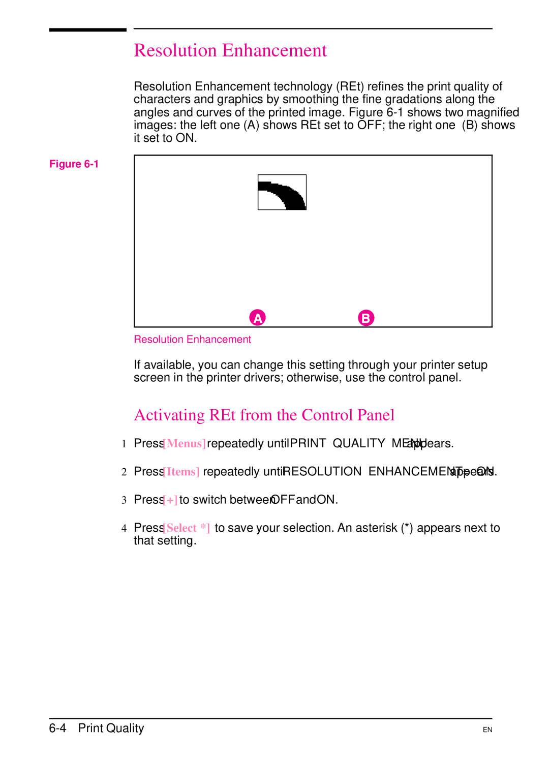 HP 5Si MX, 5Si NX manual Resolution Enhancement, Activating REt from the Control Panel 