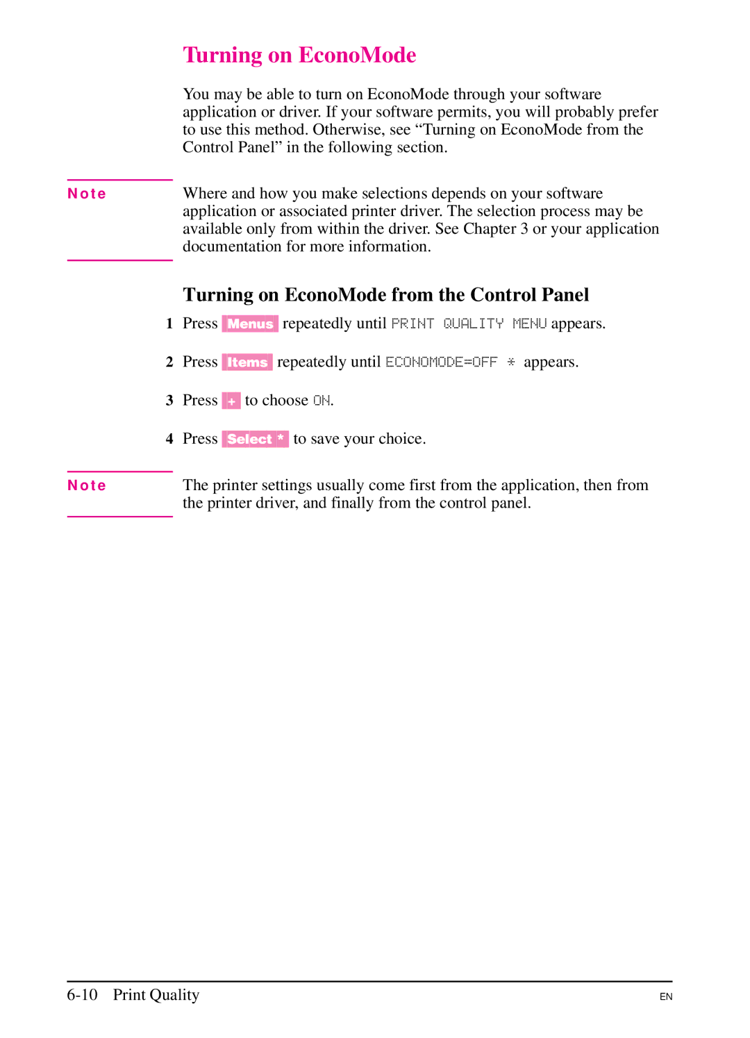 HP 5Si MX, 5Si NX manual Turning on EconoMode from the Control Panel 