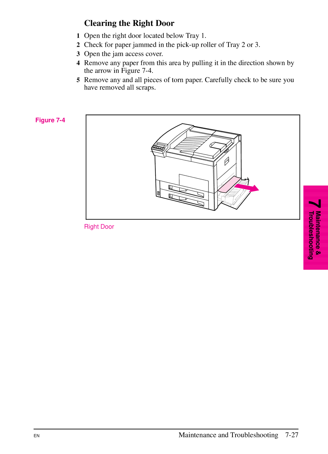 HP 5Si NX, 5Si MX manual Clearing the Right Door 