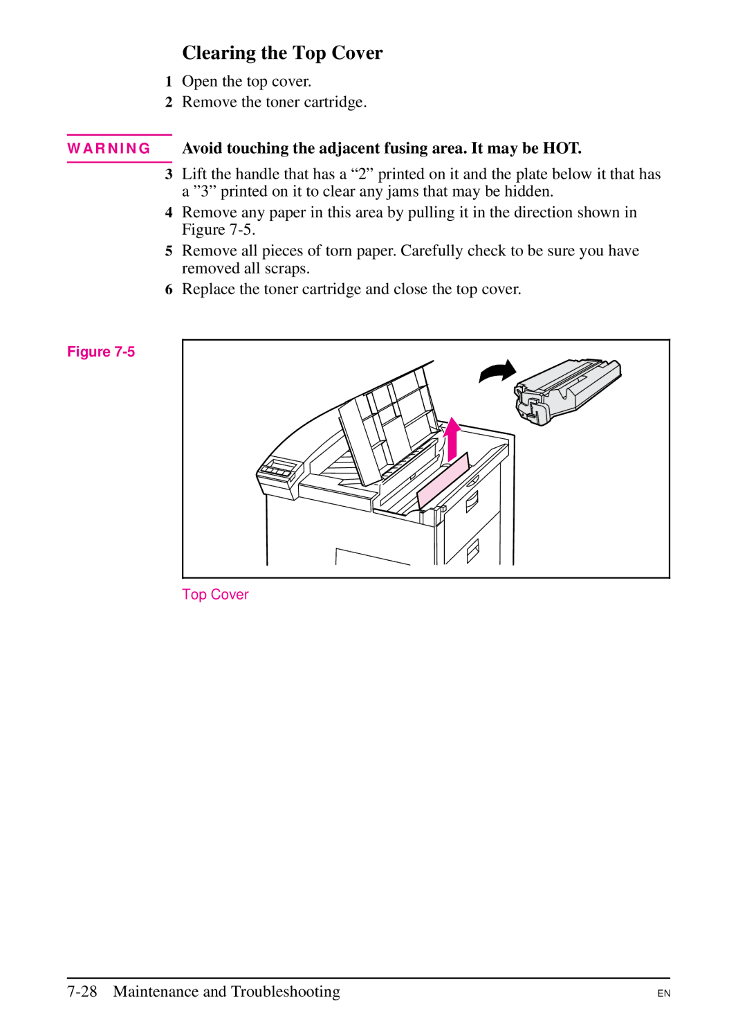 HP 5Si MX, 5Si NX manual Clearing the Top Cover 